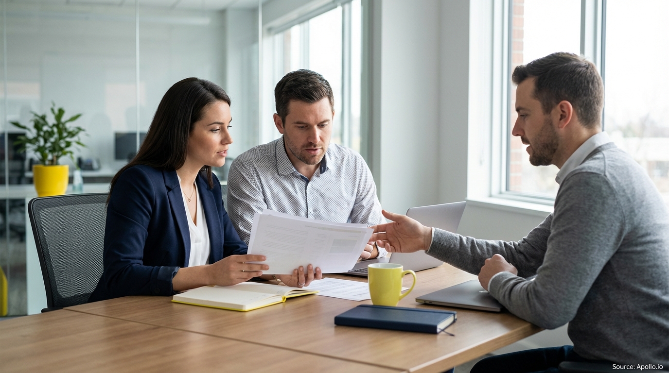 Three people discussing documents at a table in a bright modern office.