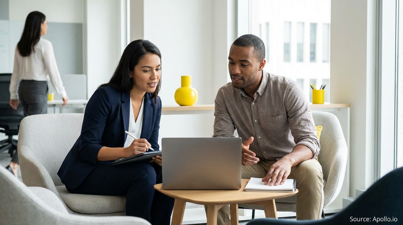 Two professionals collaborate on a laptop, one taking notes, in a modern office.