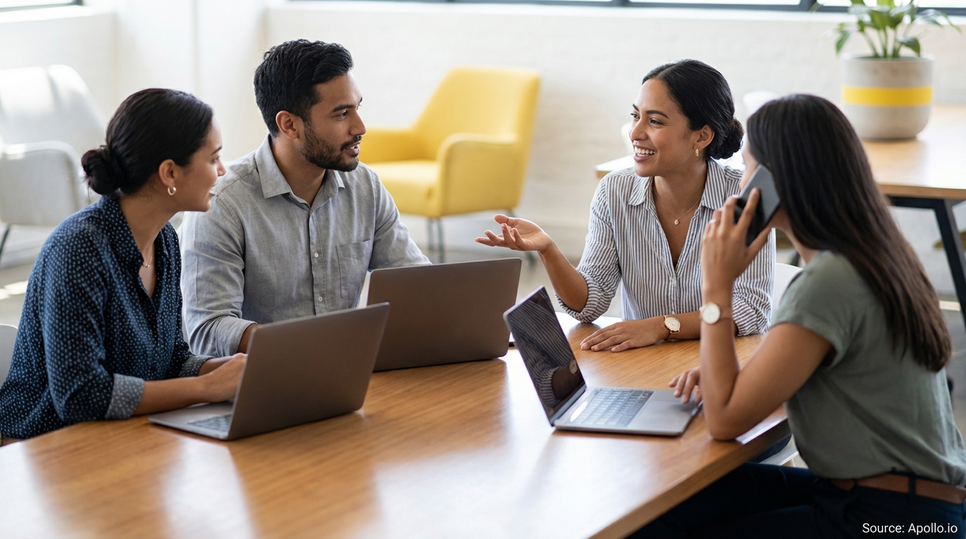 Four people work at a table with laptops; one is on a phone call, others discuss.
