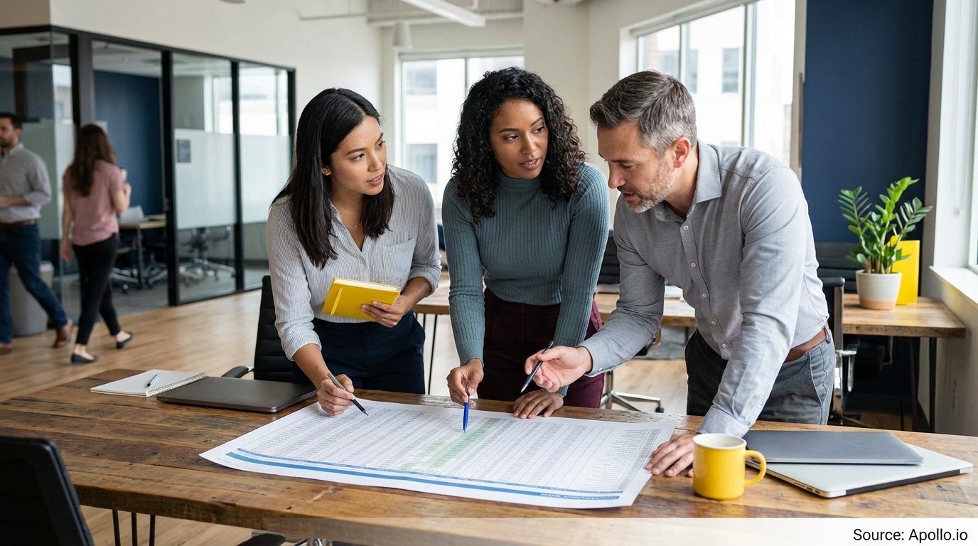 Three colleagues analyze a large data sheet on a wooden office table.