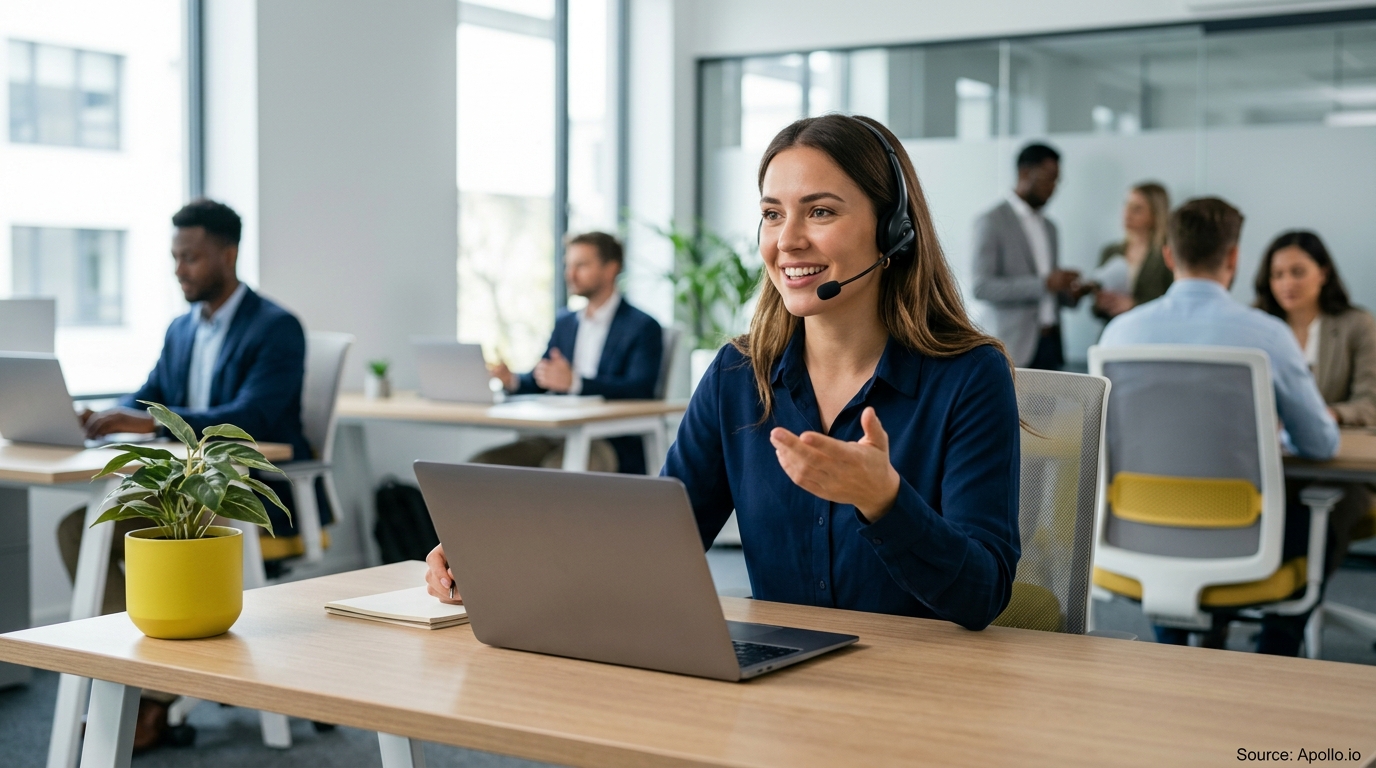 A professional woman using a headset and laptop works in a modern office with several busy colleagues.