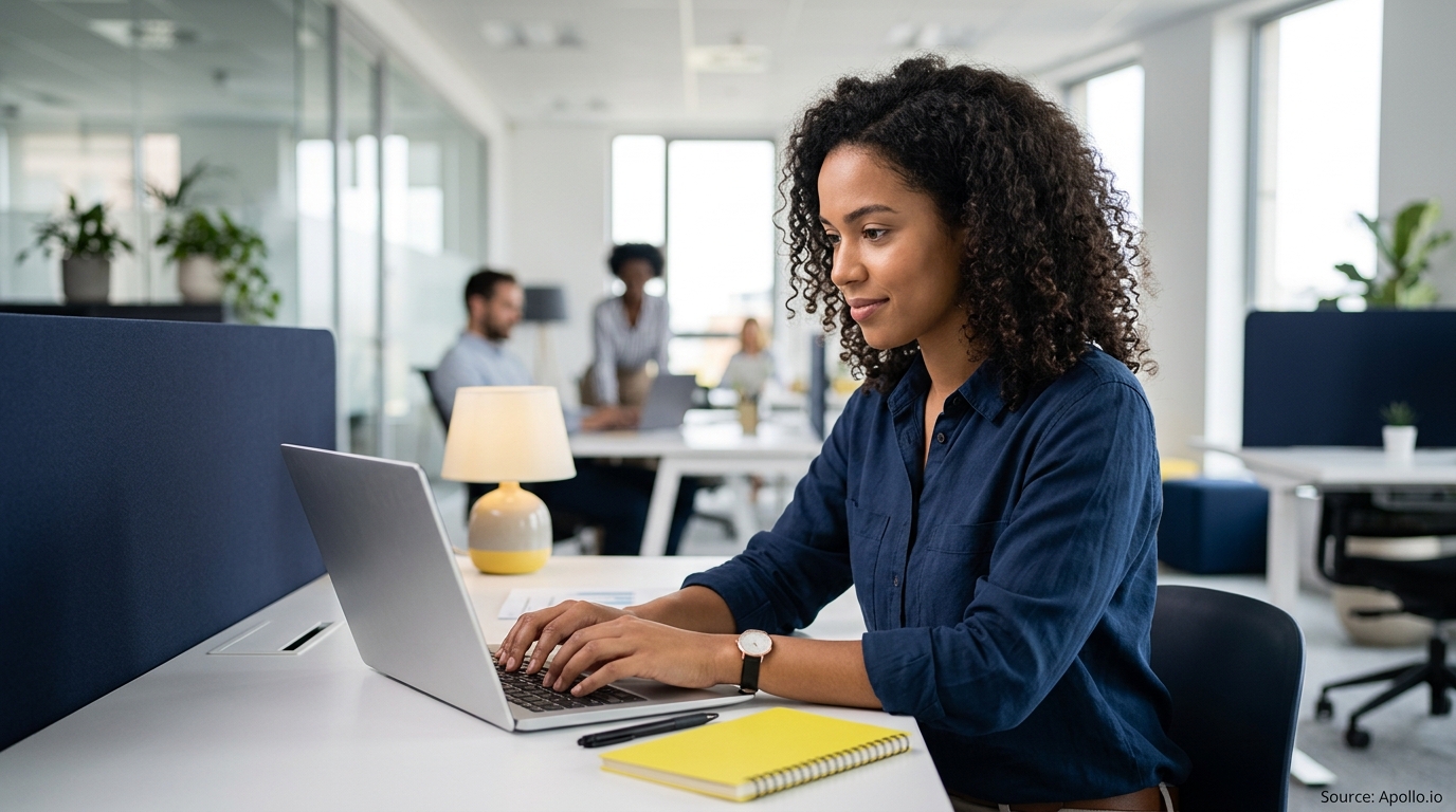 A woman types on a laptop in a bright office while three colleagues work in the background.