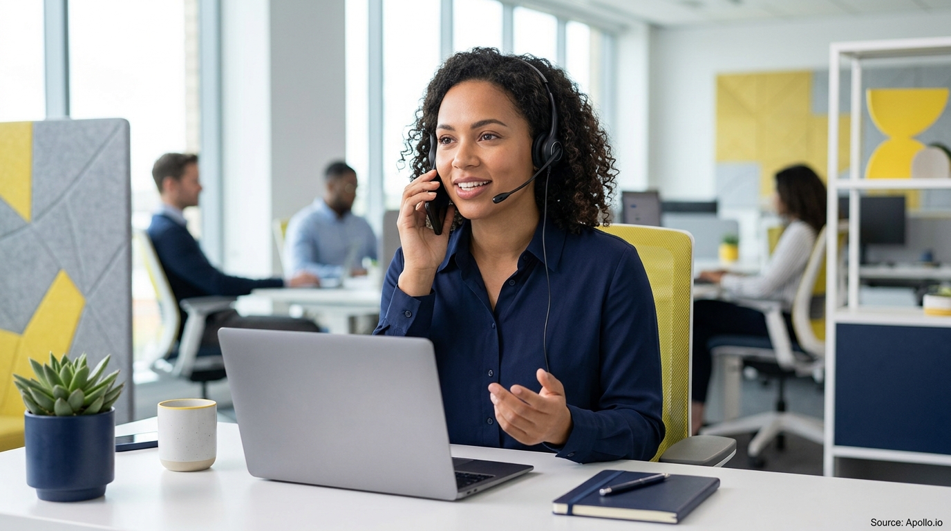 Four professionals work in a modern office, with a woman in the foreground speaking into a headset.