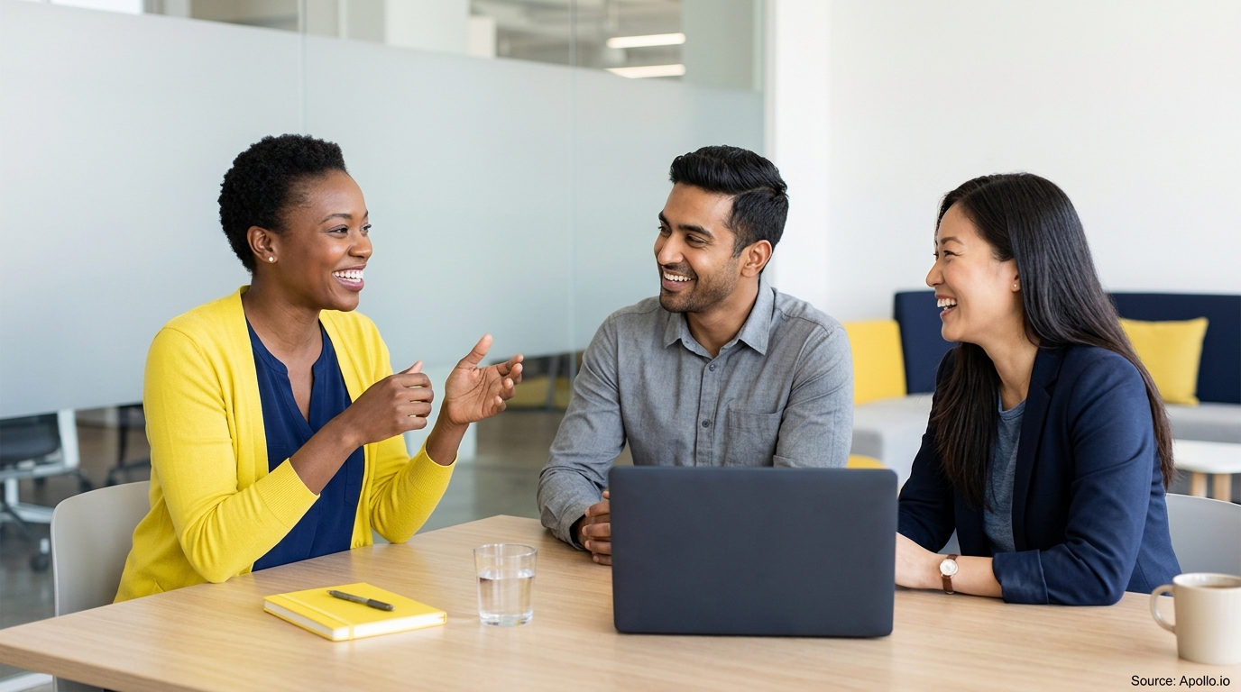 Three diverse professionals smile and converse while sitting around a laptop at a modern office table.