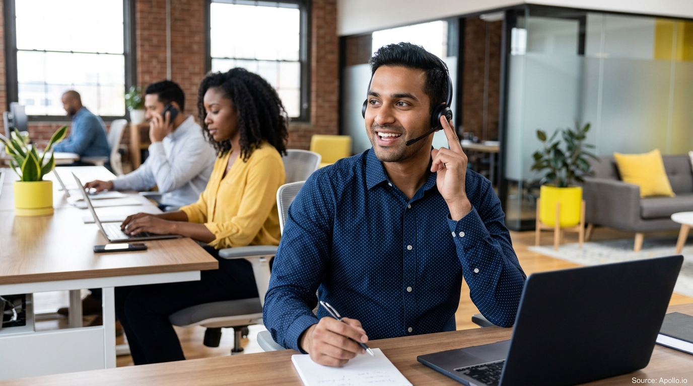 Four office professionals work at desks; a man in the foreground wears a headset and takes notes.