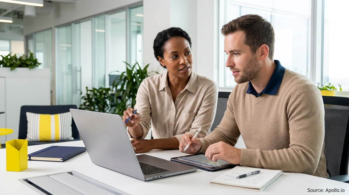 Two professionals collaborate on a laptop and tablet at a desk in a bright, modern office.
