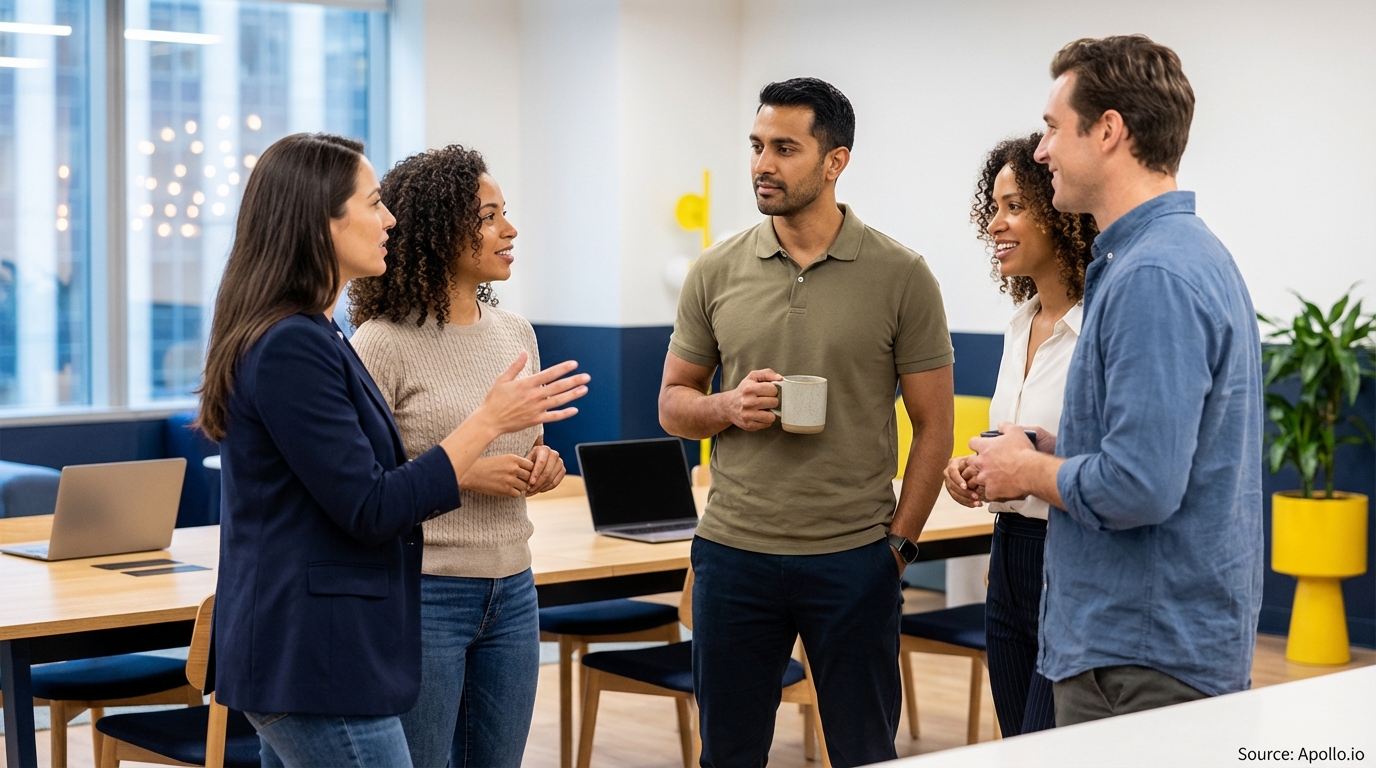 Five diverse professionals chat casually while standing in a bright, modern office space.