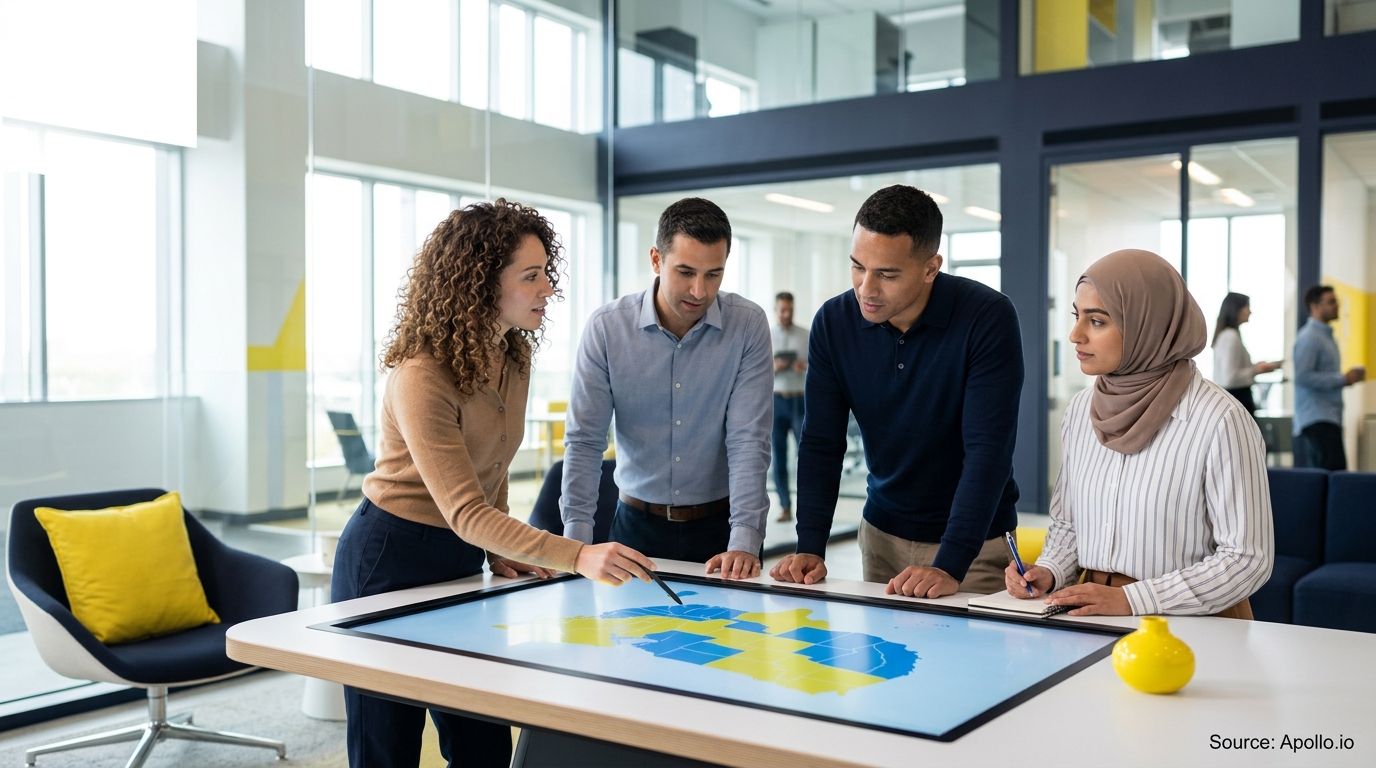 Four professionals analyze a color-coded map on a large touchscreen table in a modern office.