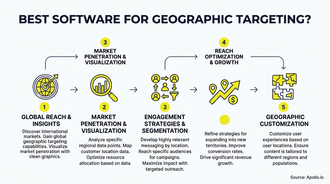 A five-step infographic with yellow icons illustrates a geographic targeting process from global insights to localized customization.