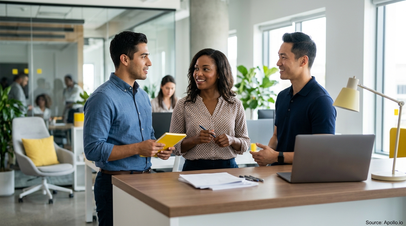Three professionals collaborate and talk while standing around a desk in a modern open-plan office.