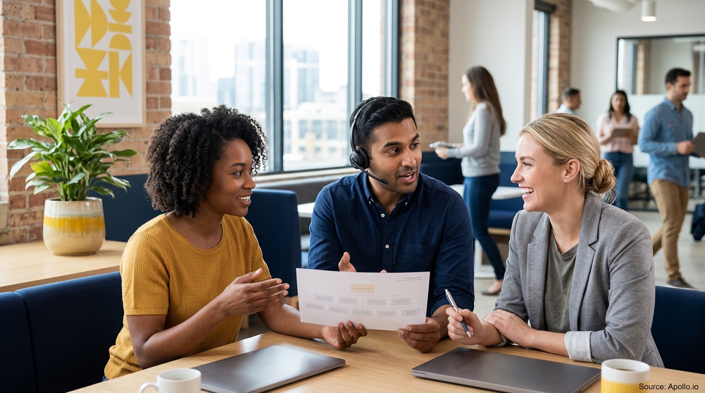 Three professionals review a document at a table in a bright, modern open-plan office.