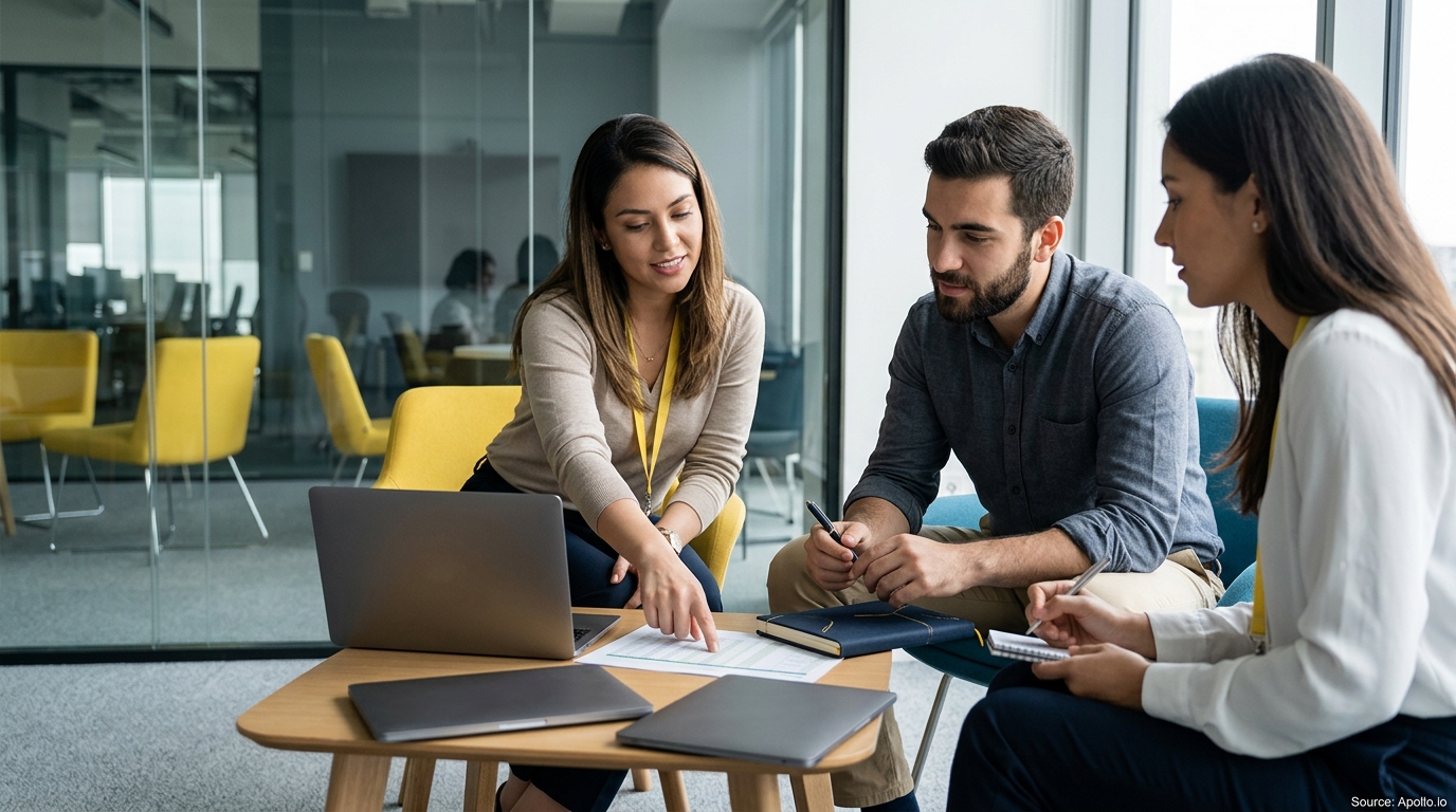 Three professionals collaborate over data on a laptop and printed sheet in a modern office setting.