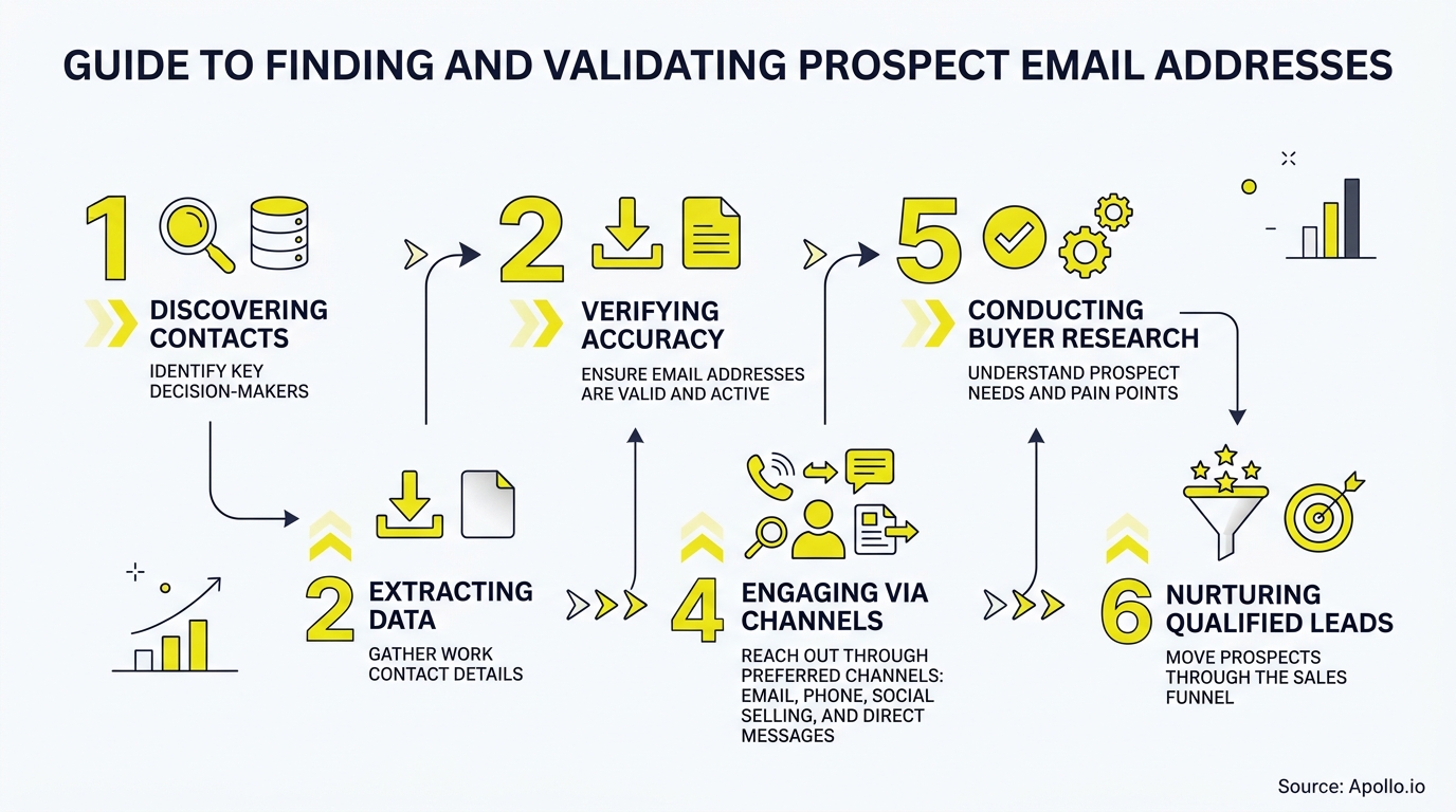 Six-step infographic outlining a workflow for finding and validating prospect email addresses using numbered labels and various business icons.