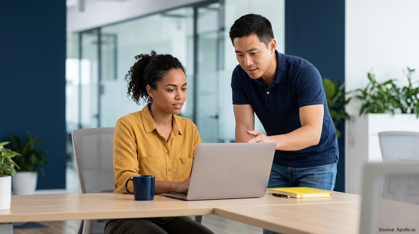 Two professionals review content on a laptop together at a desk in a bright, modern office.