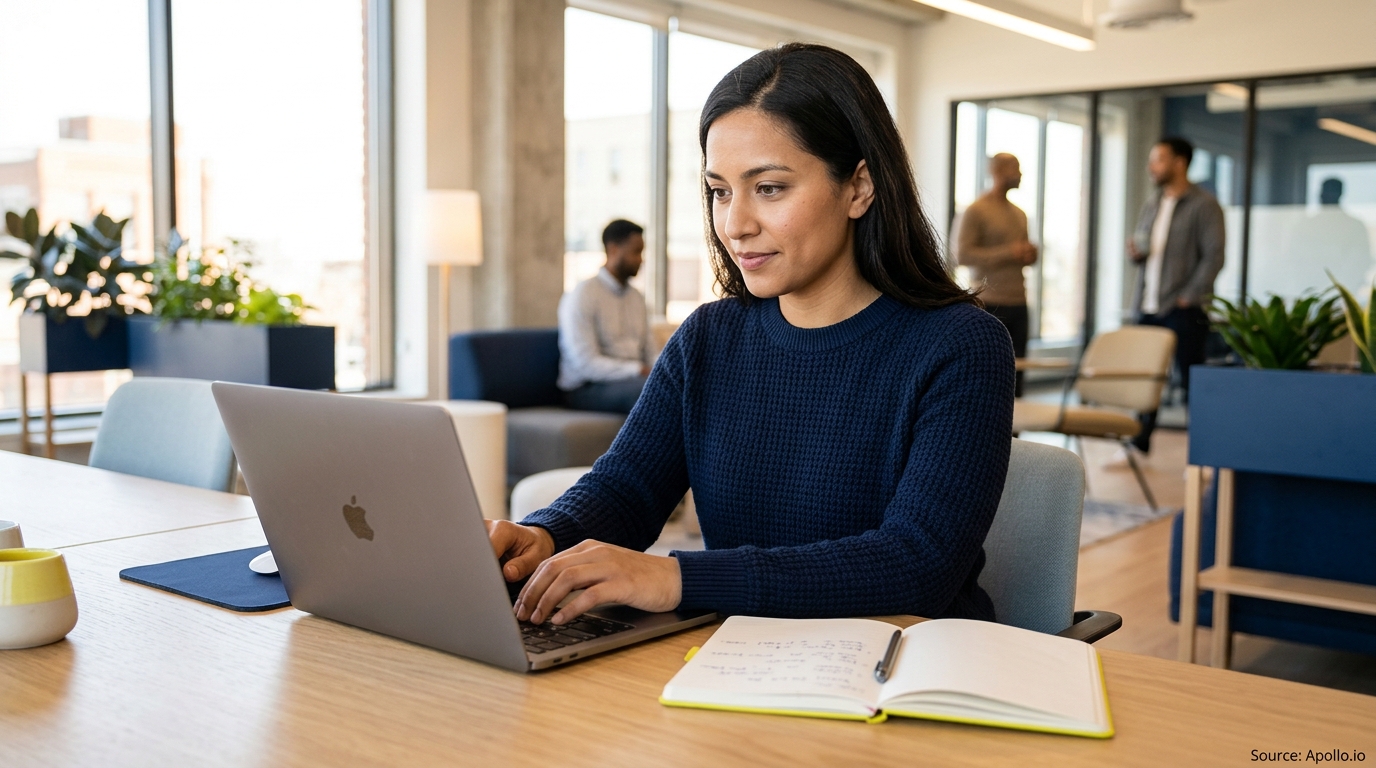 A woman types on a laptop at a table with three other people in a sunlit, modern office.