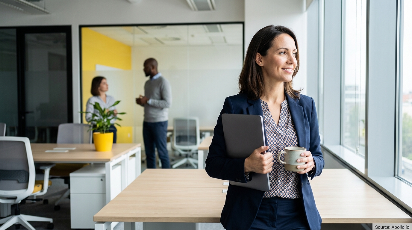 Woman with laptop and mug looks out office window; two colleagues converse in background.
