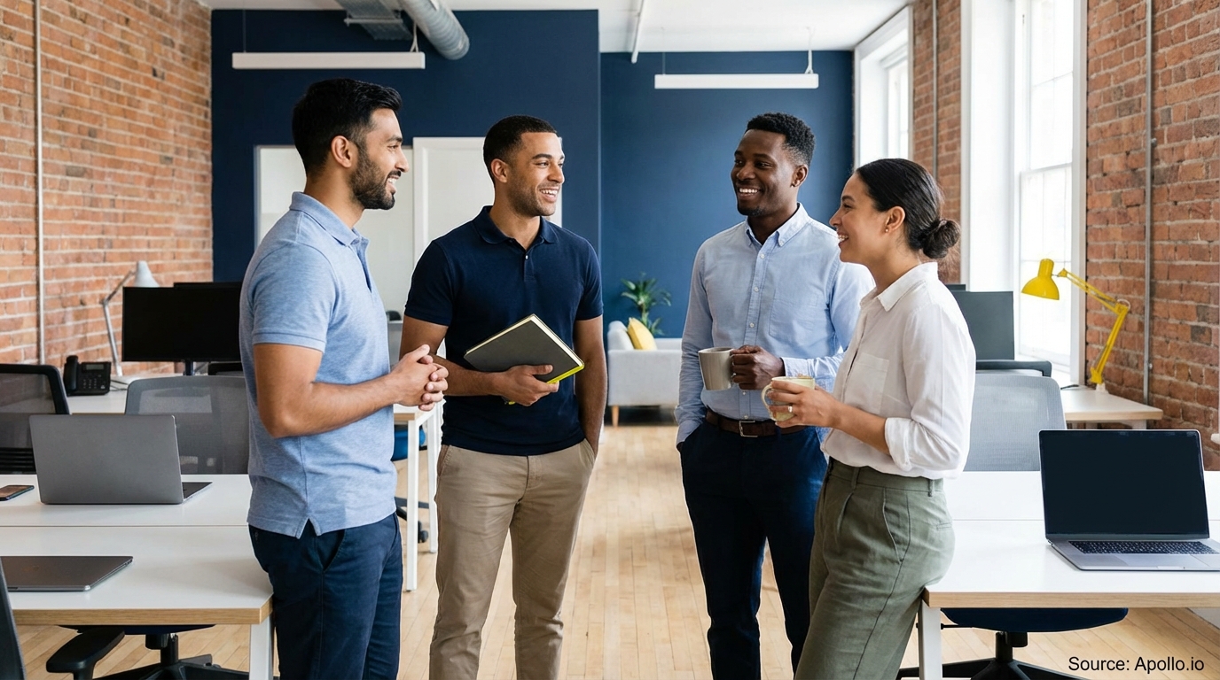 Four diverse colleagues smiling and conversing in a modern office.