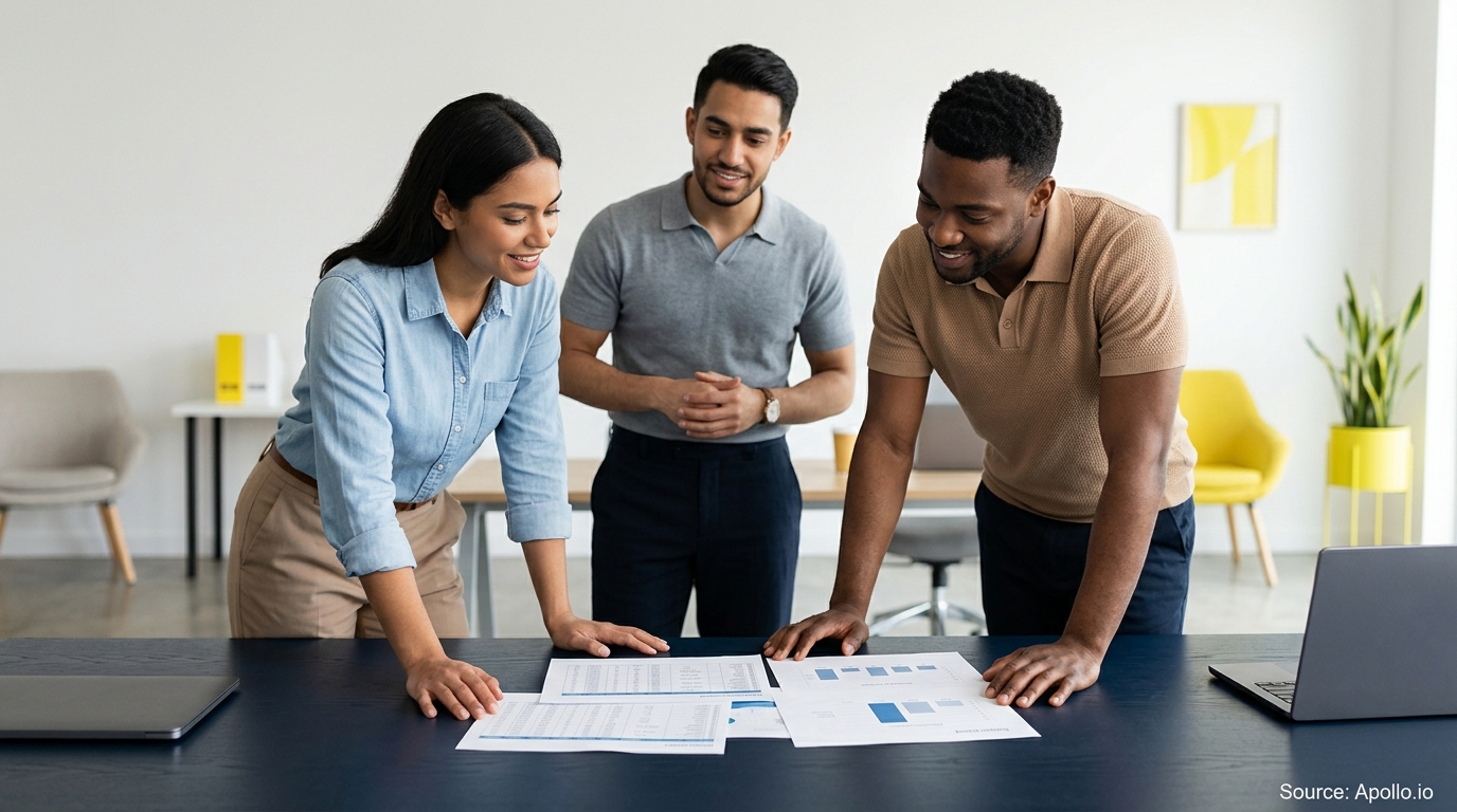 Three diverse professionals review printed data charts and reports while standing around a table in a modern office.