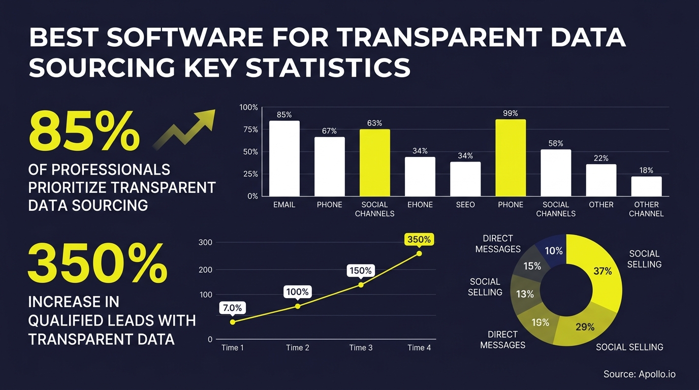 Infographic presenting statistics on transparent data sourcing through various bar charts, a line graph, and lead distribution percentages.