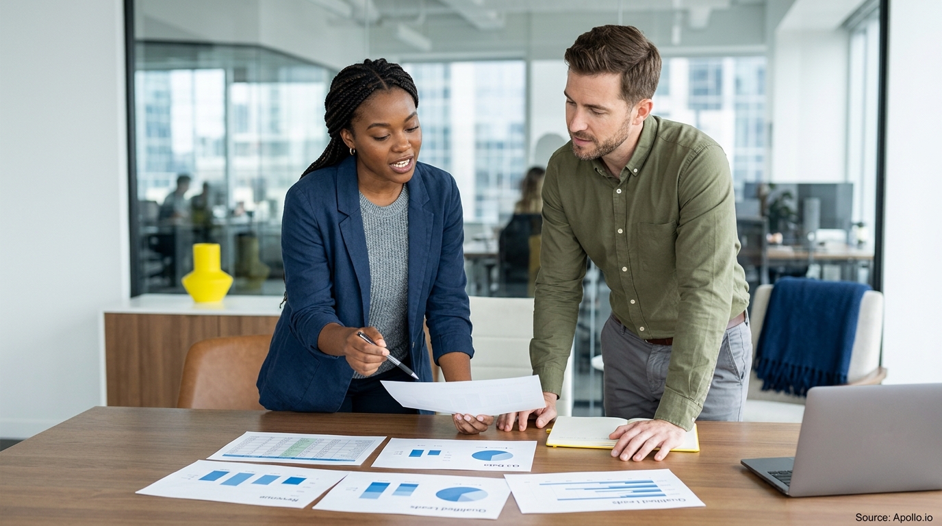 Two professionals analyze data charts and reports while standing at a table in a bright, modern office.