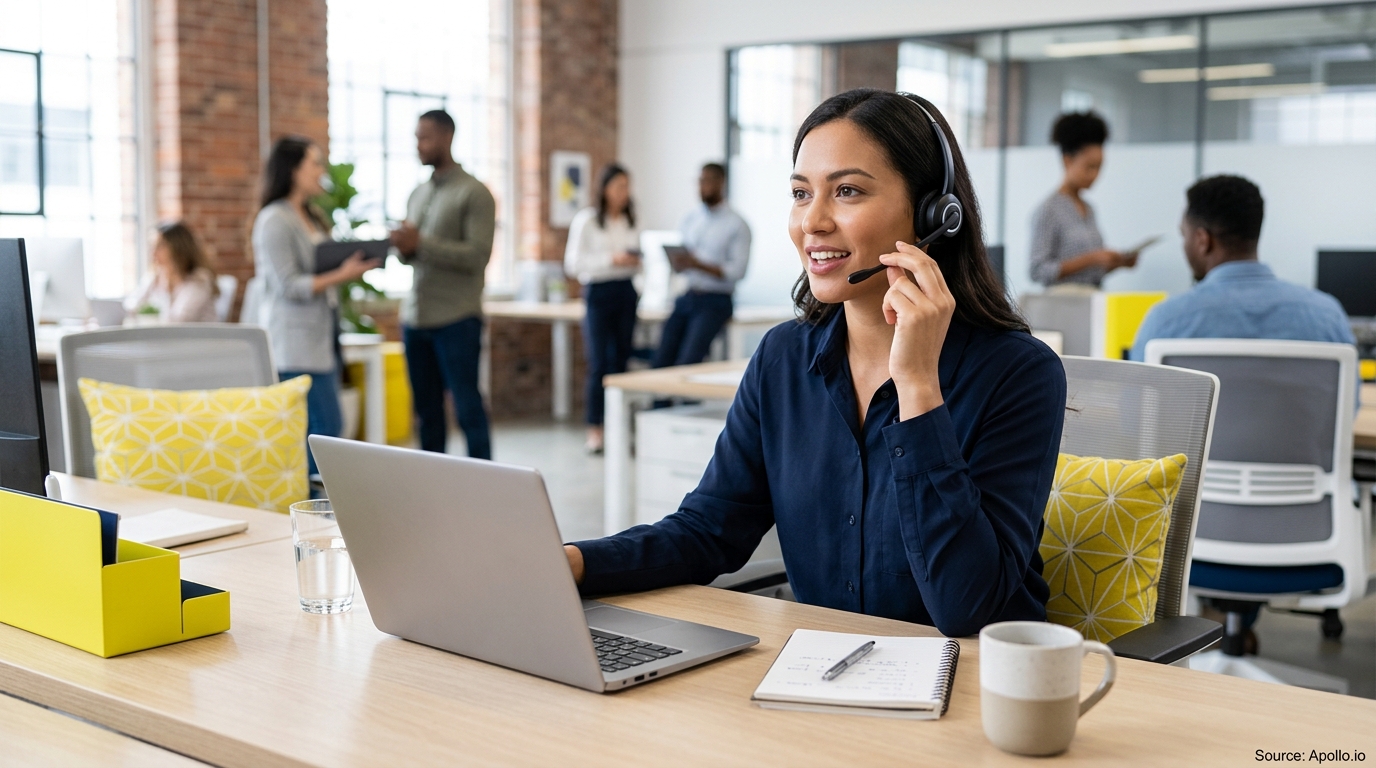 A woman wearing a headset works at her laptop while seven colleagues collaborate in a modern open office.