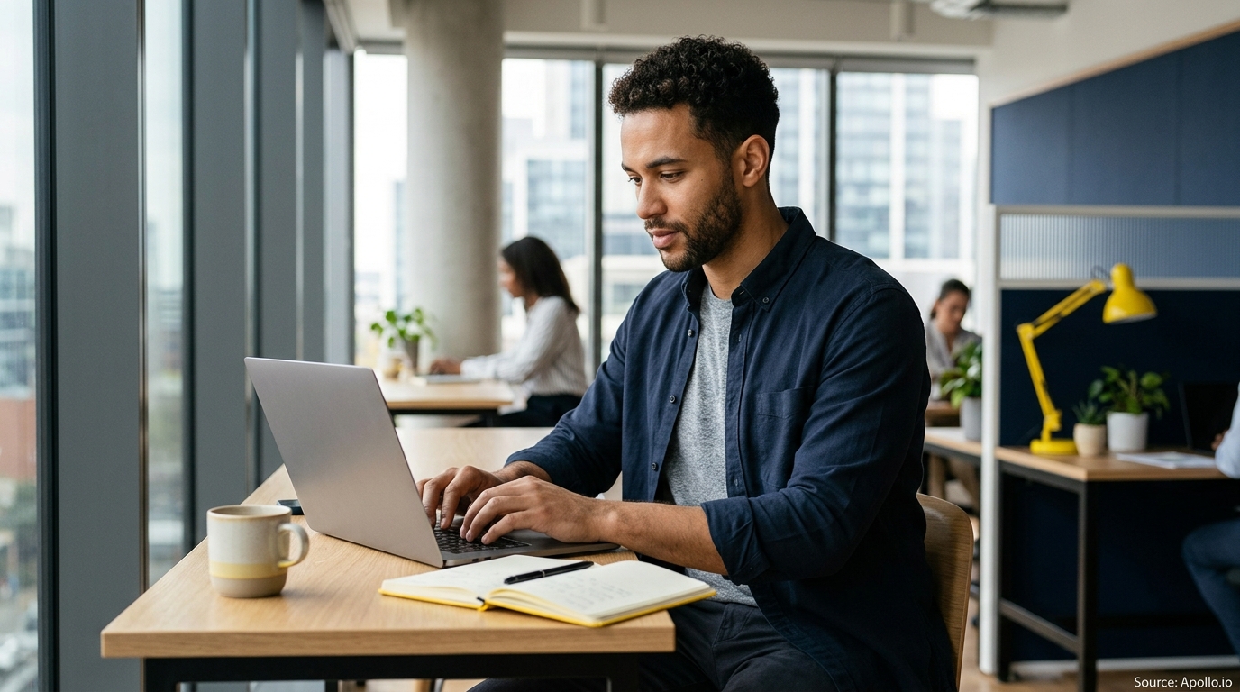 Three professionals work on laptops in a bright, modern office with large windows and indoor plants.