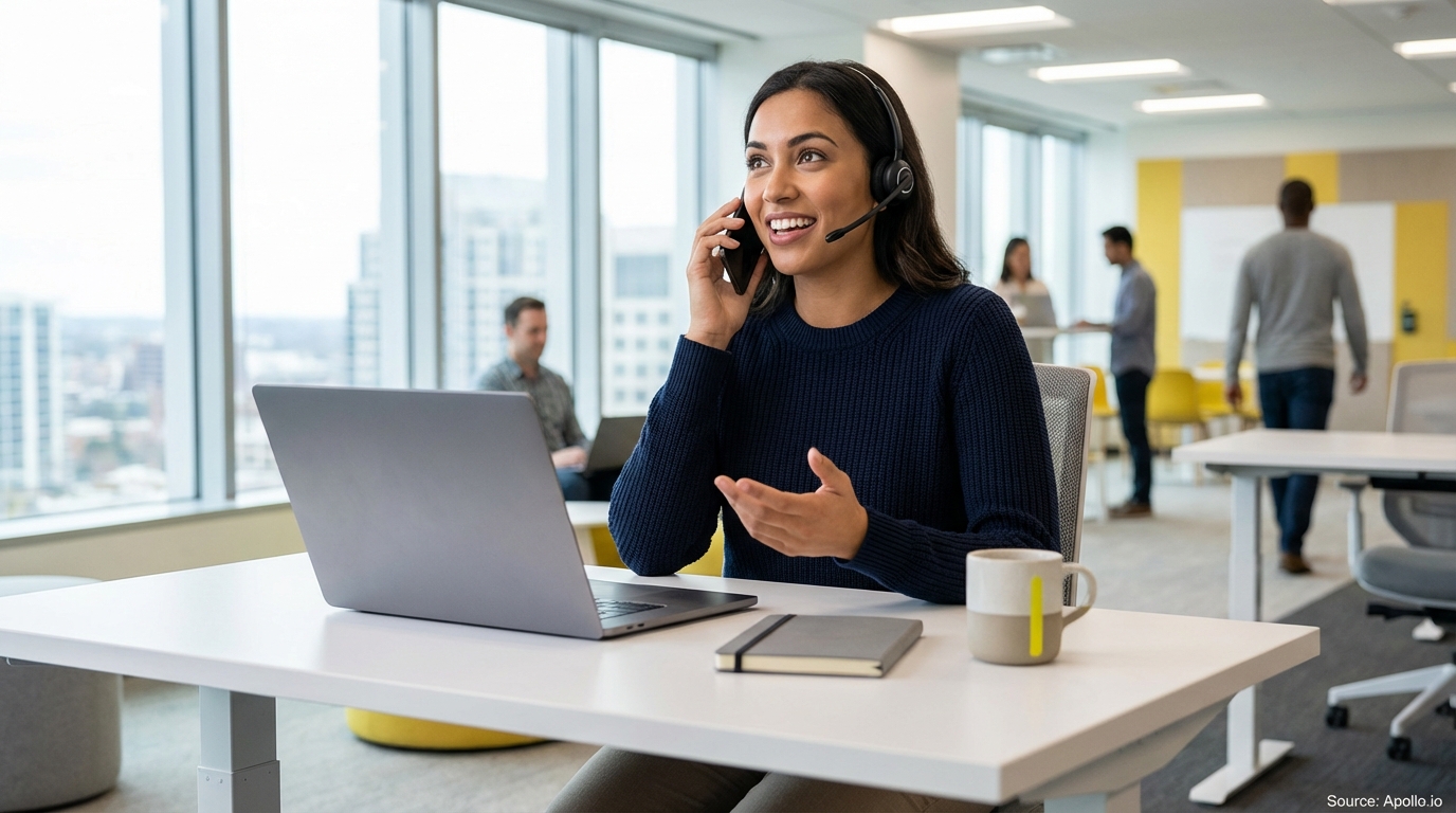 A smiling woman in a headset talks on her phone at a laptop in a bright, open office with others.