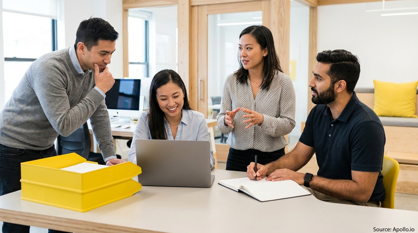 Four professionals discuss ideas at a modern office table, with laptops and notebooks.