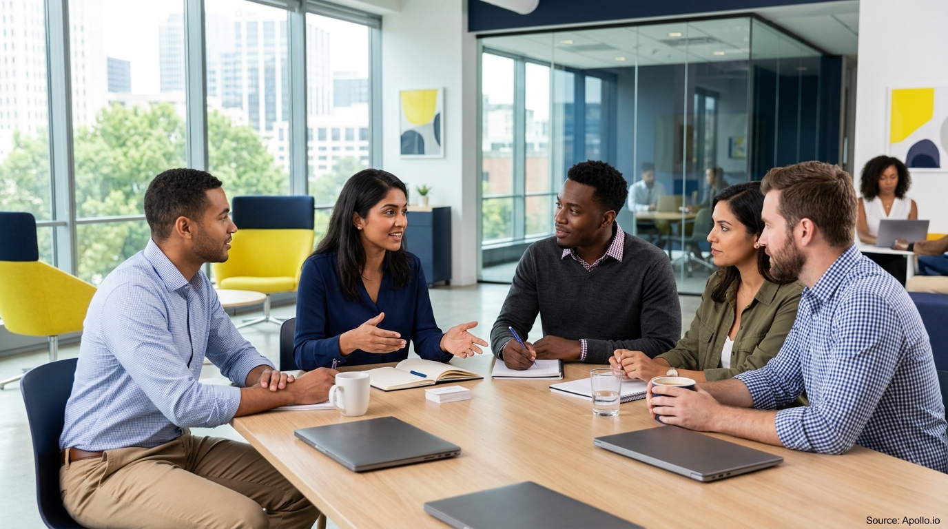 Five diverse professionals discuss projects around a wooden table in a bright, modern office.