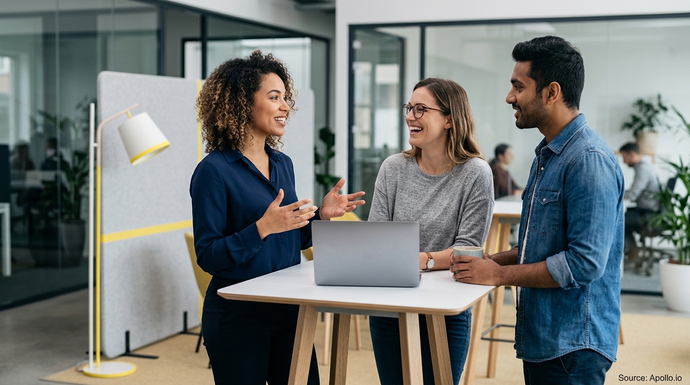 Three professionals collaborate around a laptop at a high table in a modern office.