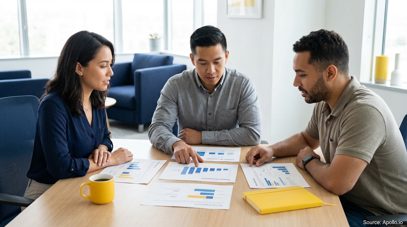 Three people analyze paper charts at a table in a modern office.