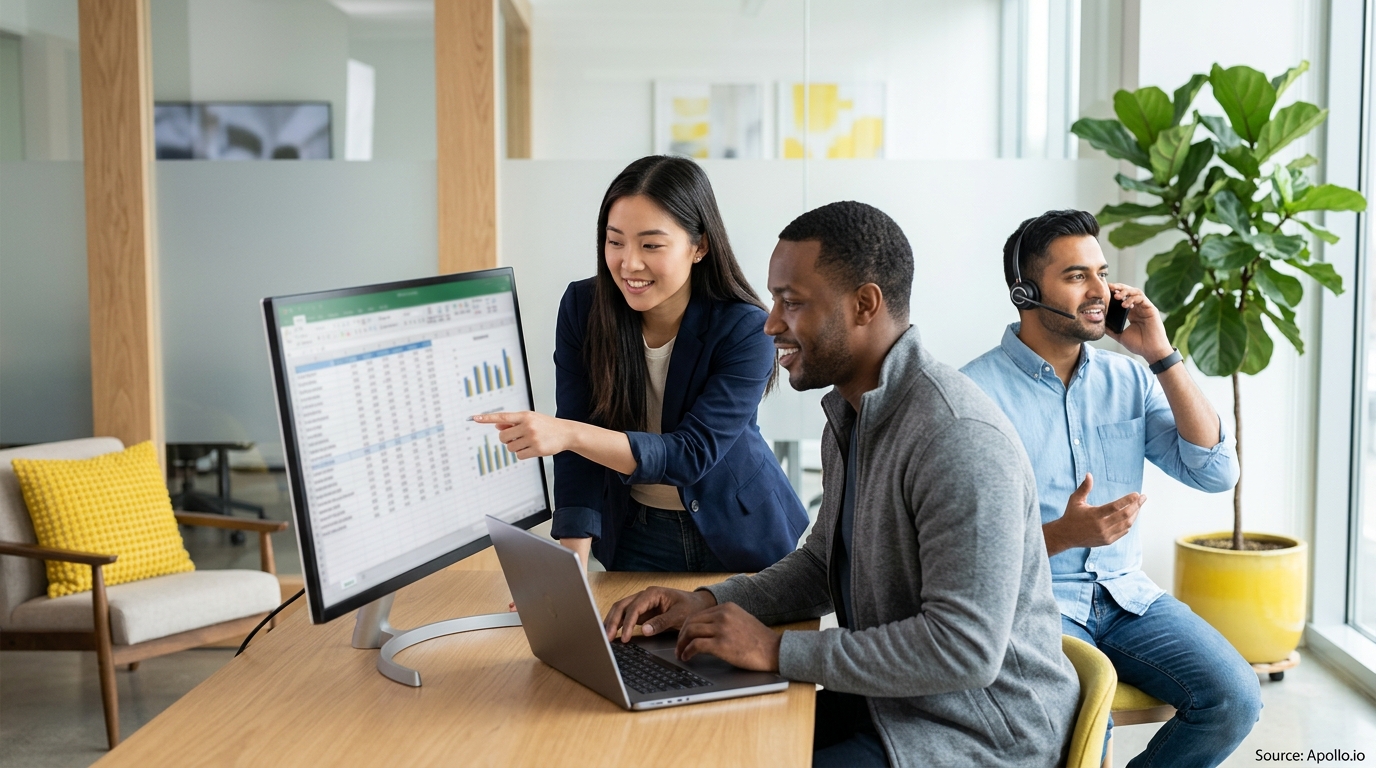 Three diverse professionals collaborate over data spreadsheets and phone calls in a bright, modern office.