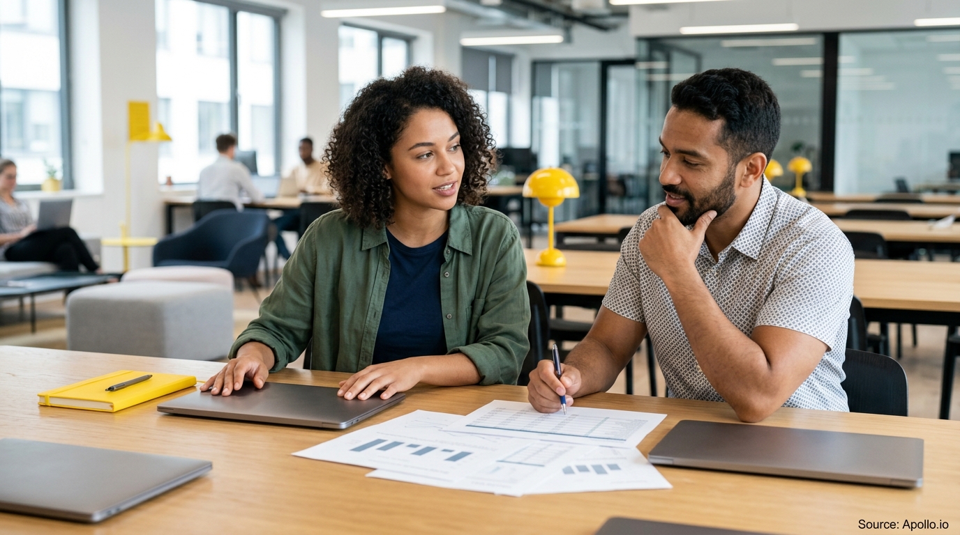 Two colleagues review documents and collaborate at a wooden table in a bright, modern office.