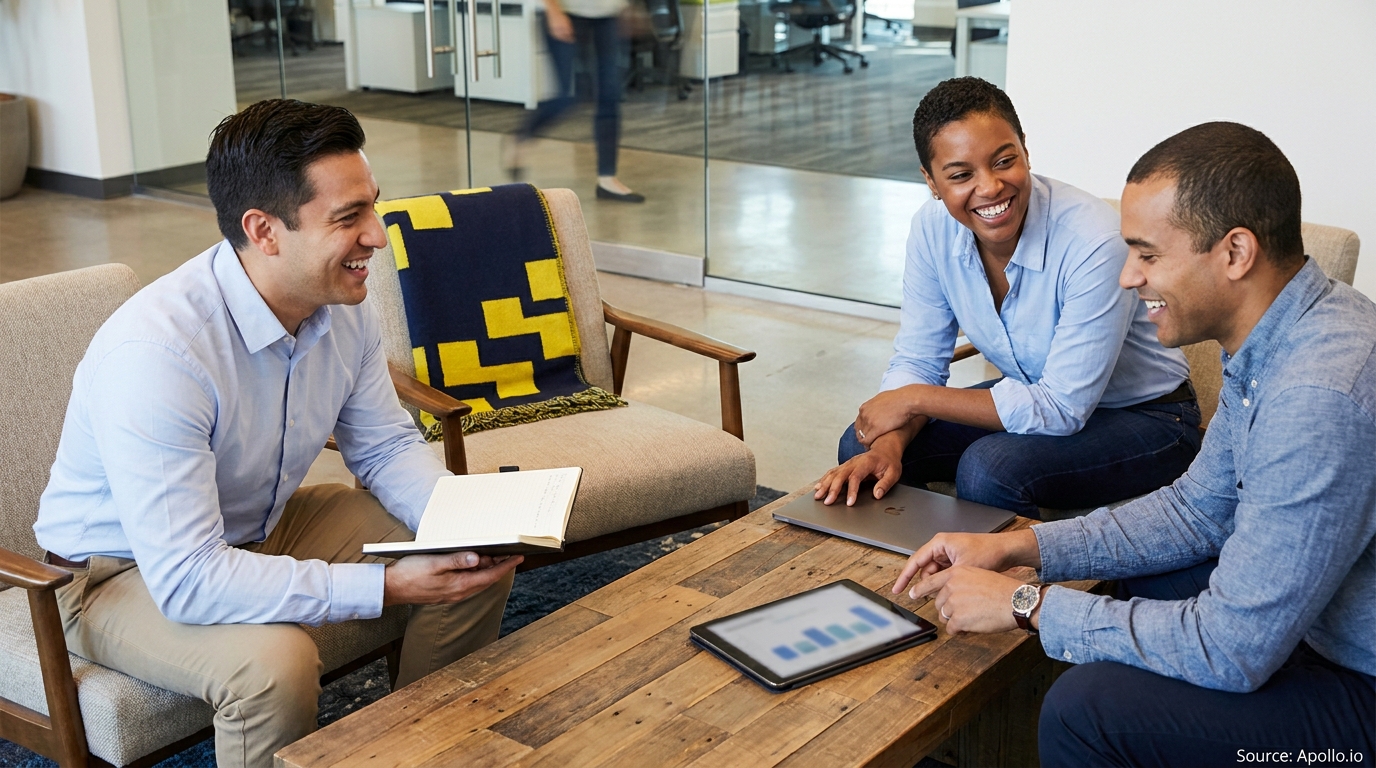 Three diverse professionals collaborate, reviewing a tablet and laptop in a modern office.