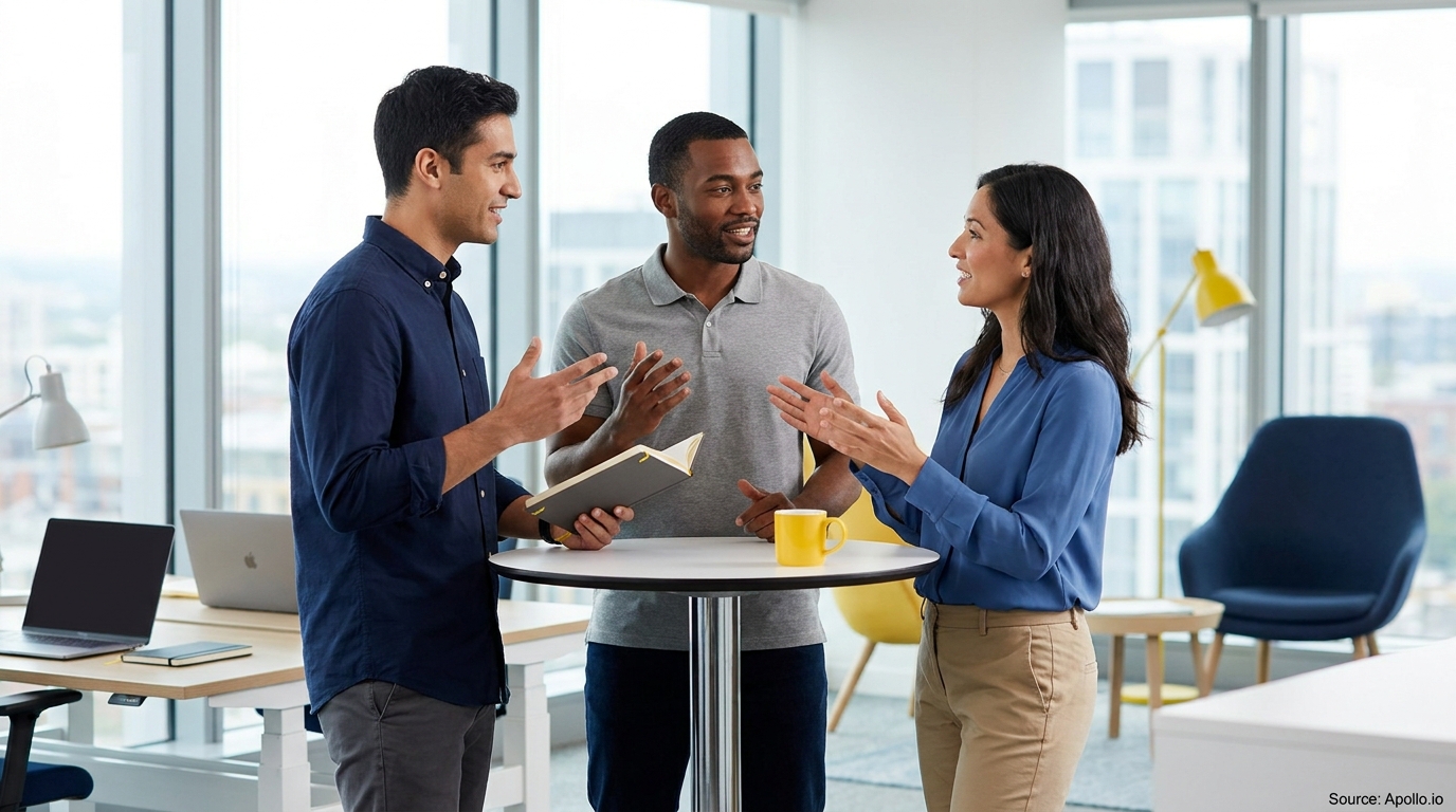 Three colleagues discussing and gesturing around a high table in a modern office.