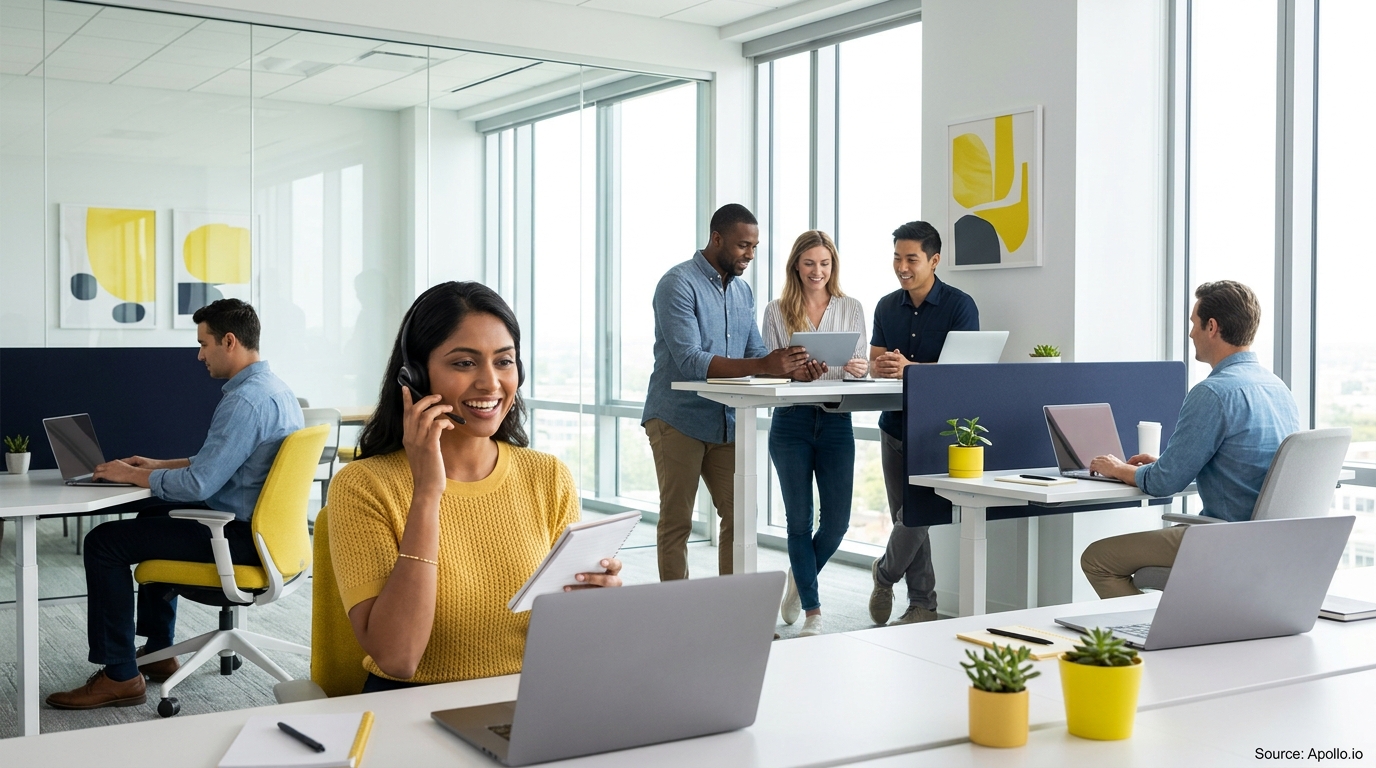 Six professionals work on laptops and a headset in a bright, modern office with yellow accents.