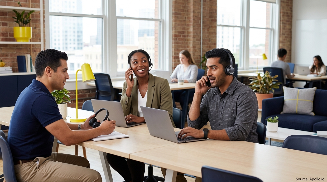 Three professionals use laptops and phones while collaborating at a shared table in a bright, modern office.