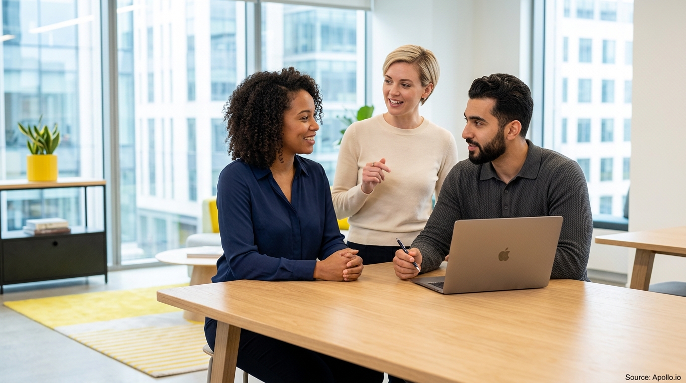 Three professionals smile and talk while gathered around a laptop in a bright, modern office.