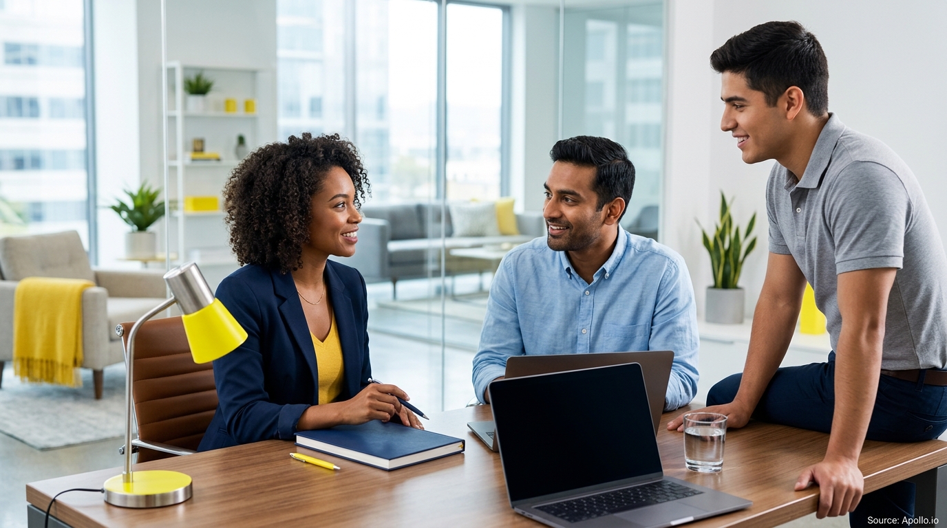 Three professionals collaborate at a wooden desk with laptops in a bright, modern office workspace.