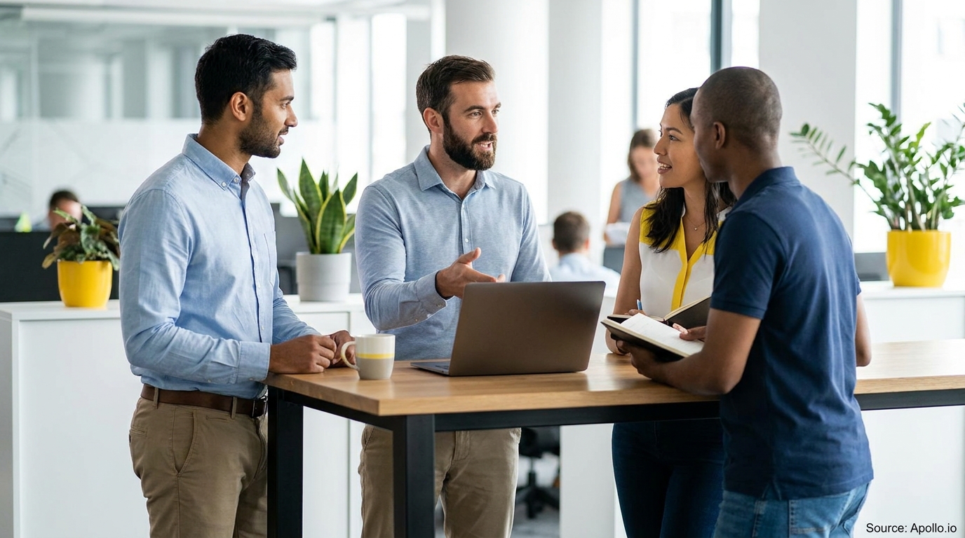 Four diverse professionals discuss work around a table with a laptop in a modern office.
