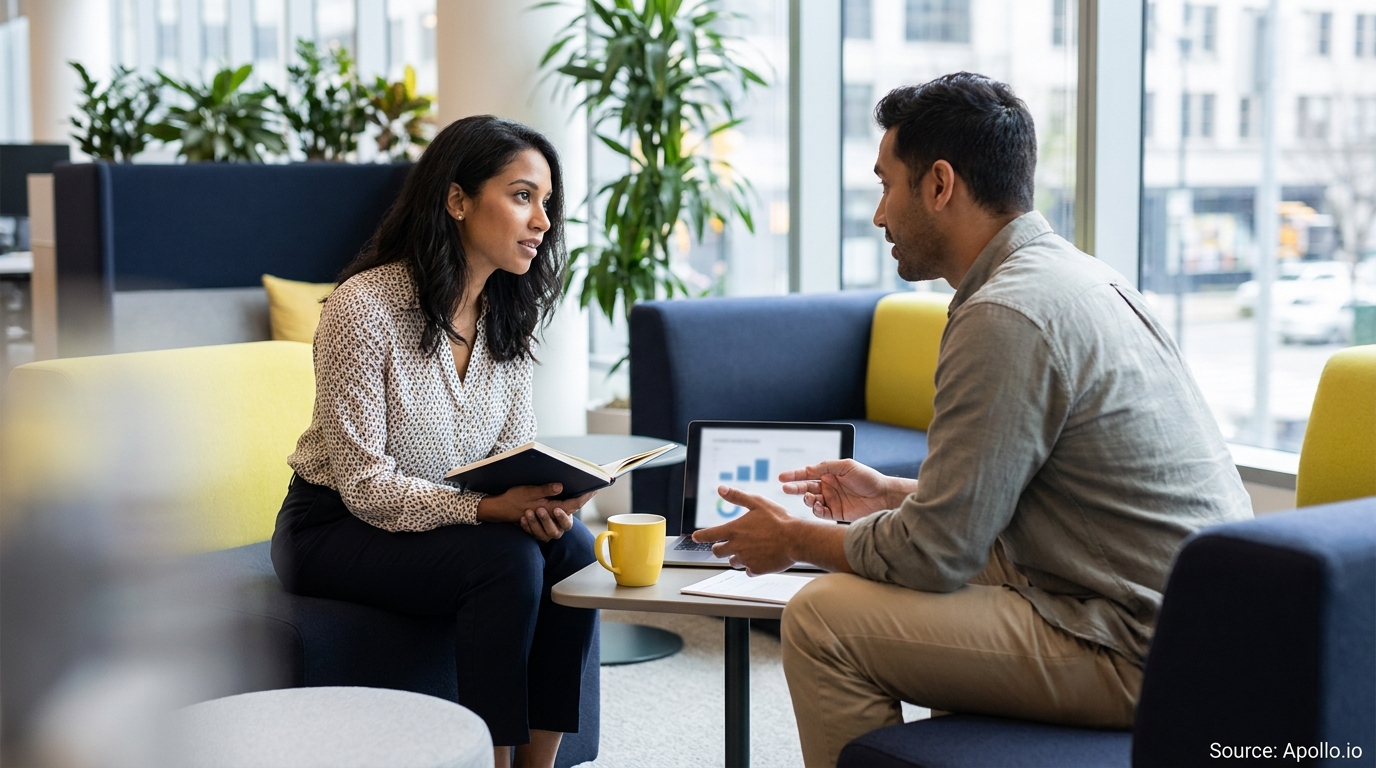 Two professionals discuss data from a laptop and notebook in a modern office lounge.