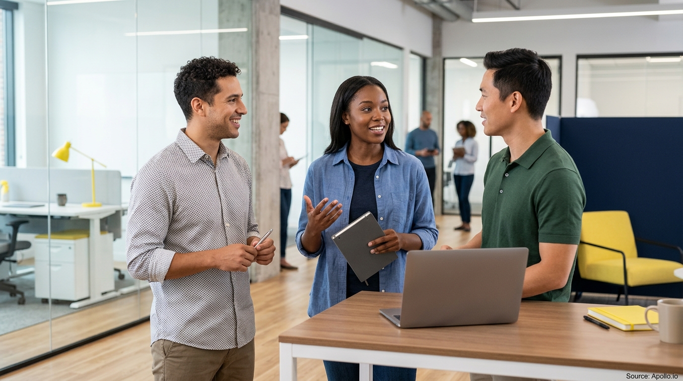 Three diverse professionals collaborate and discuss work around a laptop and tablet in a modern office.
