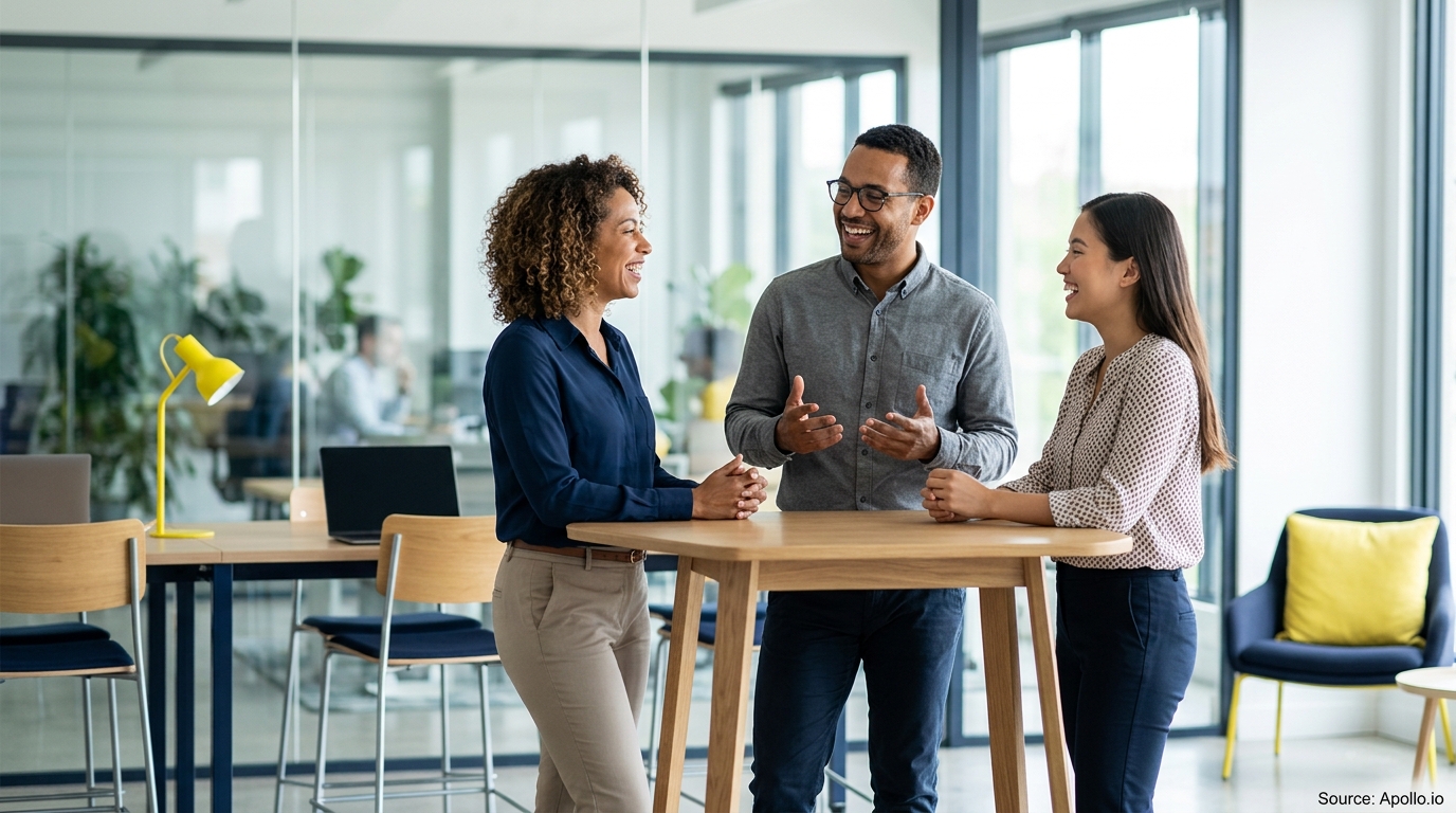 Three diverse professionals smiling and conversing around a high table in a modern, open-plan office.
