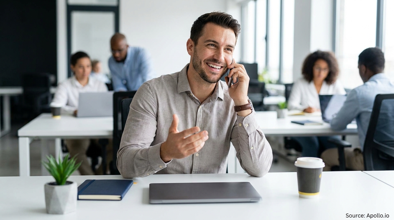 Smiling man on phone at office desk with colleagues working in background.