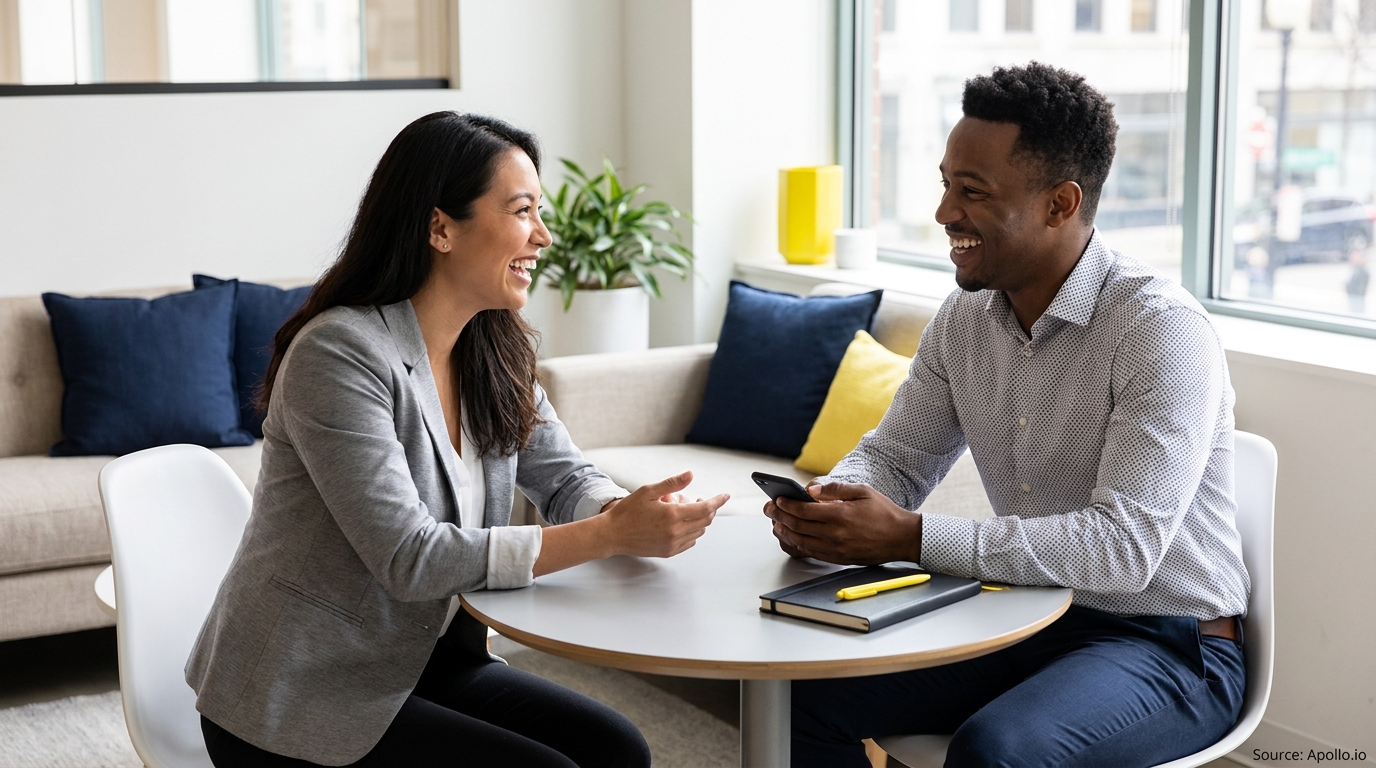 Two smiling professionals converse at a table in a bright modern office, one holding a phone.
