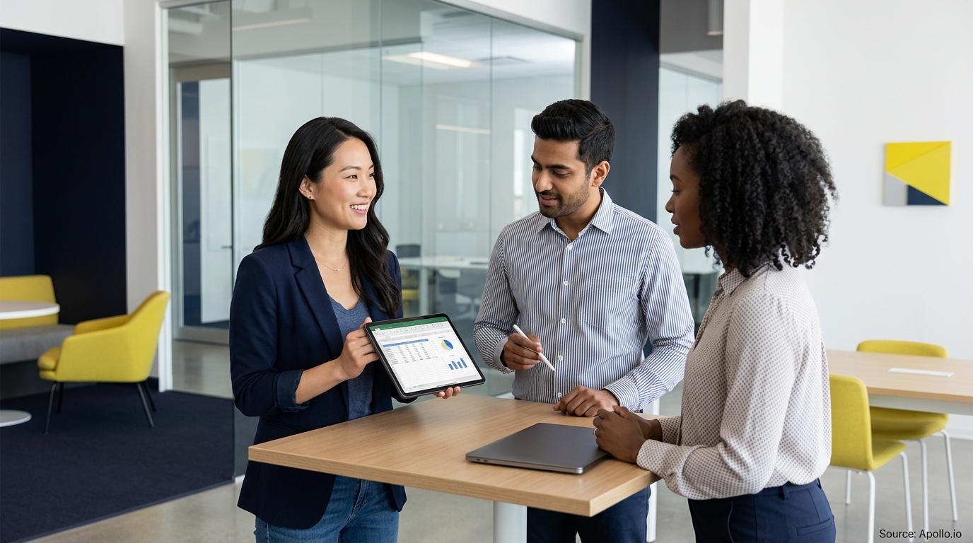 Three professionals examine data on a tablet while standing around a high table in a modern office.