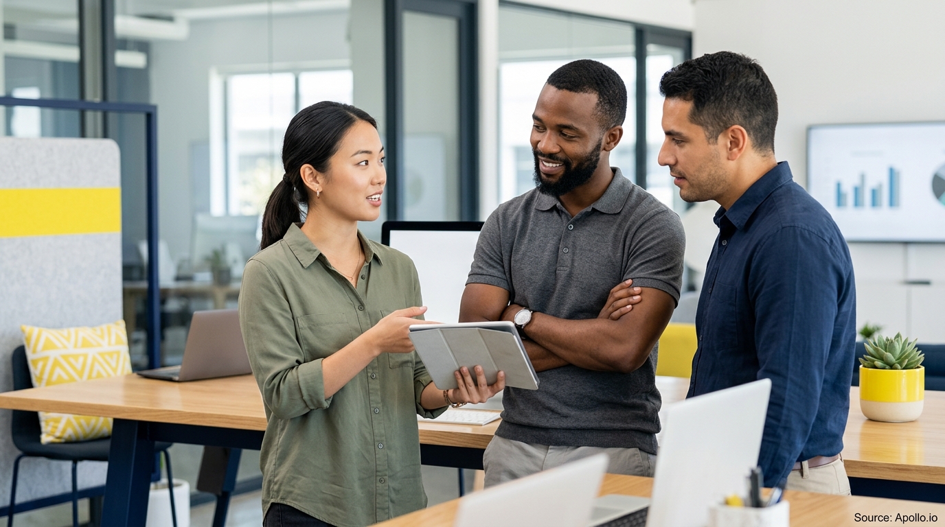 Three professionals collaborate while viewing a digital tablet in a bright, modern office workspace.