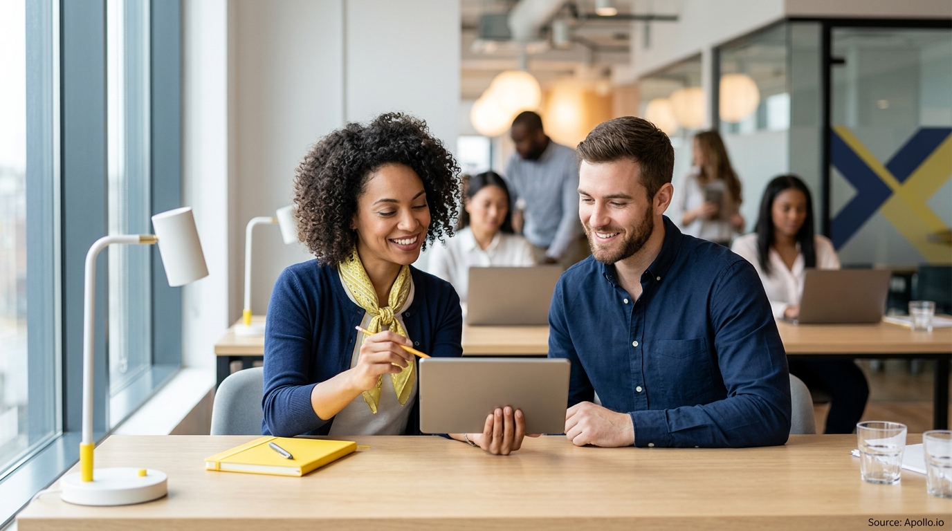 Two professionals look at a tablet together in a modern office with colleagues working in the background.