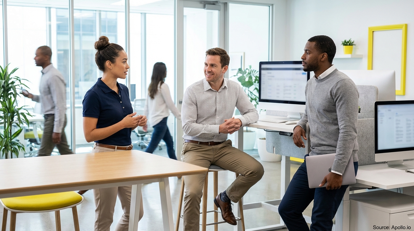 Five diverse professionals discussing in a bright, modern office space with computers and plants.