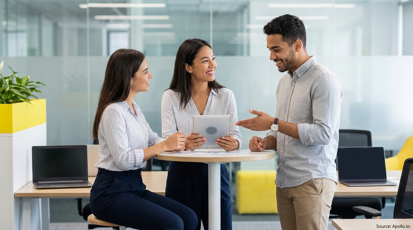 Three professionals collaborate around a high table with a tablet in a modern office.